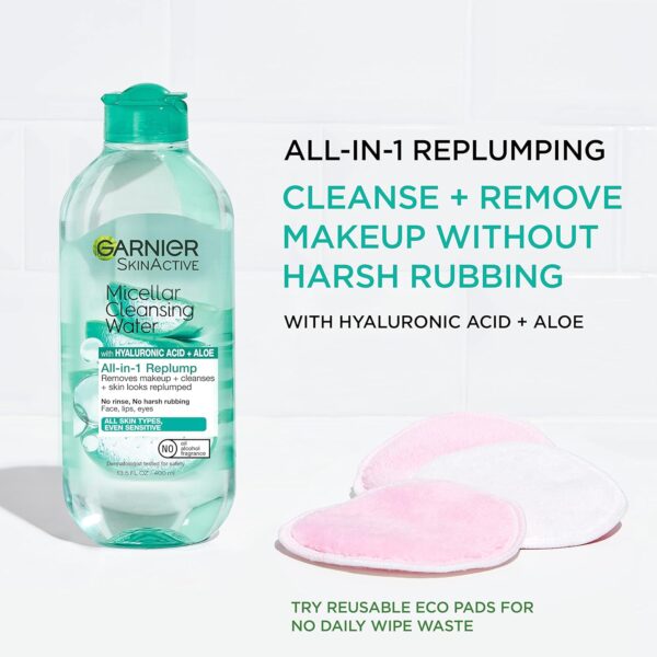 Garnier Micellar Water with Hyaluronic Acid, Facial Cleanser & Makeup Remover, Hydrating and Plumping, For All Skin Types, Vegan, Cruelty Free, 13.5 Fl Oz (400mL), 2 Count - Image 3