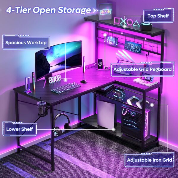 Bestier 42 L Gaming Desk,Computer Desk with Power Outlets, LED Lights, Reversible Corner Desk with 4-Tier Shelves,Cup Holder & Hook Carbon Fiber Black - Image 7