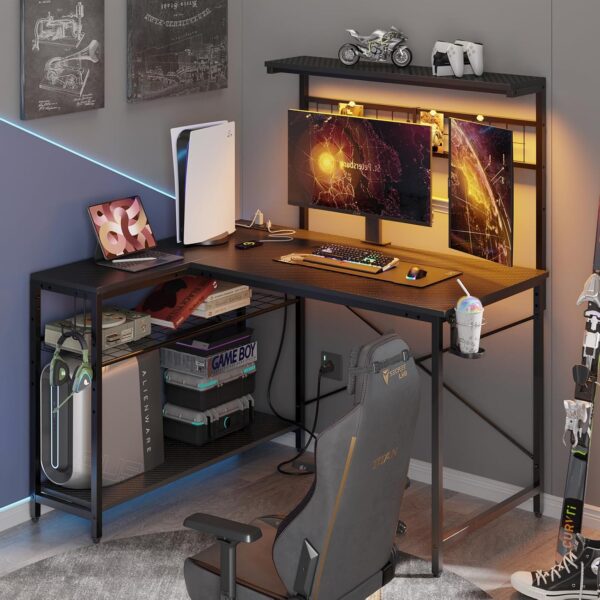 Bestier 42 L Gaming Desk,Computer Desk with Power Outlets, LED Lights, Reversible Corner Desk with 4-Tier Shelves,Cup Holder & Hook Carbon Fiber Black - Image 8