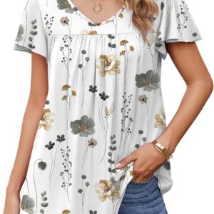 HOTOUCH Womens Flowy Sleeve Pleated Tunic Plus Size Tops Casual V Neck Blouses Loose Floral Short Sleeve Summer Shirts