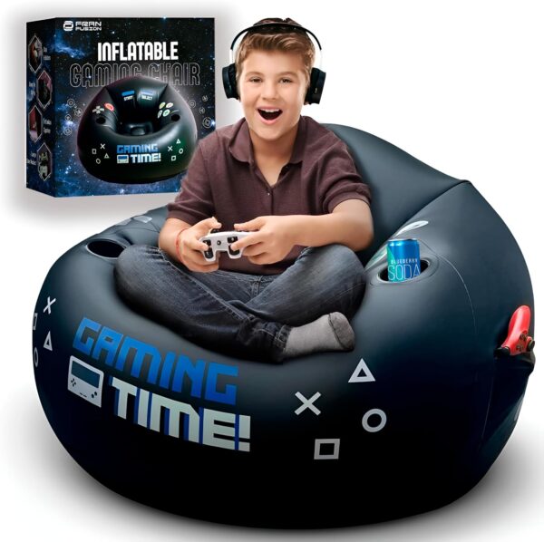 Inflatable Gaming Chair for Kids & Teens with Cup Holders and Side Pocket - This Air Gaming Bean Bag Chairs for Kids is The Perfect Furniture for Gamer Room Decor - Perfect Gaming Stuff for Boys 4-12