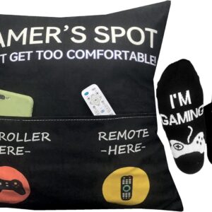 Gamer Gifts, Pocket Design Throw Pillow Covers 18 x 18 Inch + Gamer Socks, Gaming Room Décor Stocking Stuffers Easter Basket Stuffers for Teen Boys Girls Men Father Boyfriends