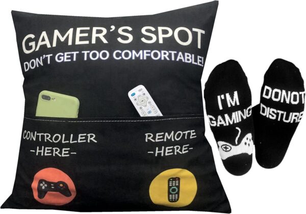 Gamer Gifts, Pocket Design Throw Pillow Covers 18 x 18 Inch + Gamer Socks, Gaming Room Décor Stocking Stuffers Easter Basket Stuffers for Teen Boys Girls Men Father Boyfriends