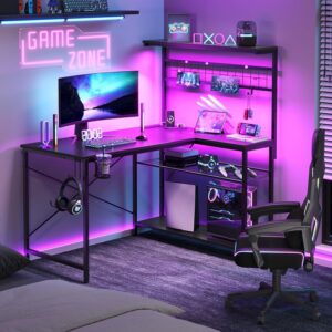 Bestier 42 L Gaming Desk,Computer Desk with Power Outlets, LED Lights, Reversible Corner Desk with 4-Tier Shelves,Cup Holder & Hook Carbon Fiber Black