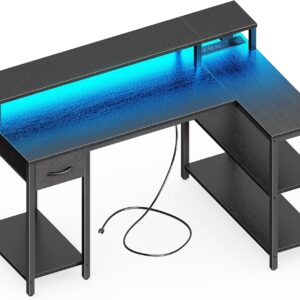 SUPERJARE 47 inch Reversible L Shaped Desk with LED Lights & Power Outlets, Computer Desk with Shelves & Monitor Stand, Gaming Desk with Drawer, Home Office Desk Corner Desk, Black