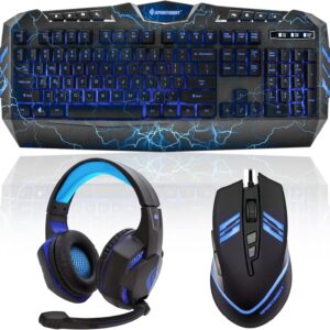 Soundbot SportsBot SS301 Blue LED Gaming Over-Ear Headset Headphone, Keyboard & Mouse Combo Set w/ 40mm Speaker Driver, Microphone, Multimedia Keys & Window Key Lock, 4 DPI Levels (BLU)