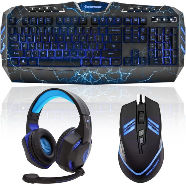 Soundbot SportsBot SS301 Blue LED Gaming Over-Ear Headset Headphone, Keyboard & Mouse Combo Set w/ 40mm Speaker Driver, Microphone, Multimedia Keys & Window Key Lock, 4 DPI Levels (BLU)