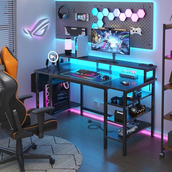 Lufeiya Gaming Desk with LED Lights and Storage Shelves, 47 inch Computer Desk with Power Outlets, Home Office Desk with Monitor Stand, Writing Table PC Desks, Black - Image 2