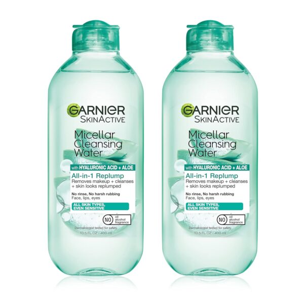 Garnier Micellar Water with Hyaluronic Acid, Facial Cleanser & Makeup Remover, Hydrating and Plumping, For All Skin Types, Vegan, Cruelty Free, 13.5 Fl Oz (400mL), 2 Count