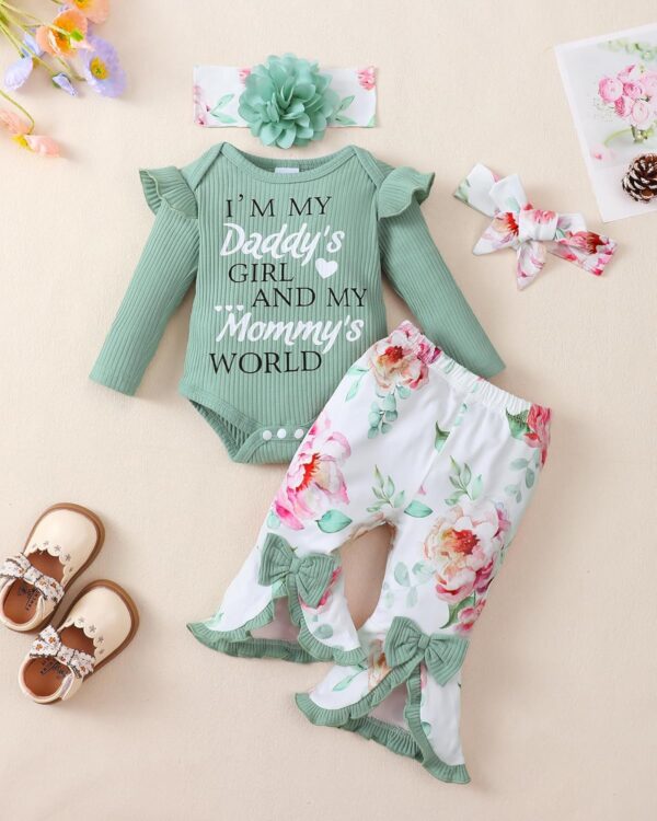 SUNNY PIGGY Newborn Baby Girl Clothes Infant Outfits Romper Floral Fall Outfit Bell Bottoms Pant Sets Hat Headband Flowerpant - Image 2