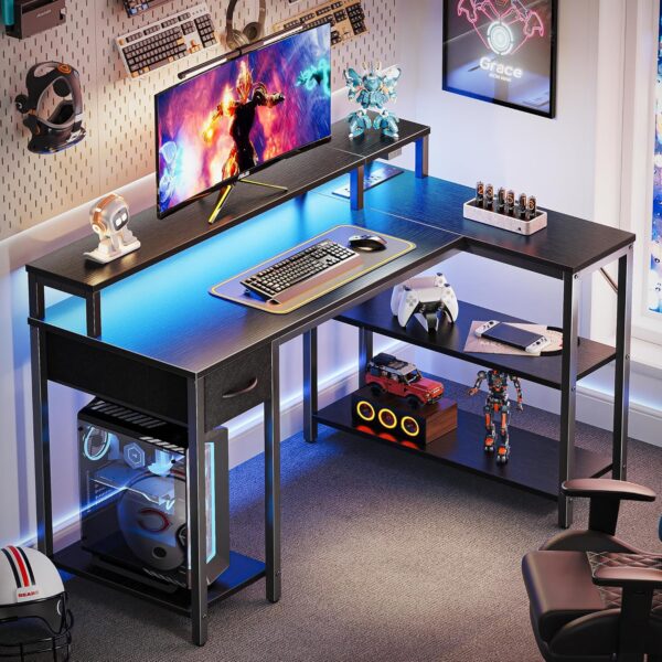 SUPERJARE 47 inch Reversible L Shaped Desk with LED Lights & Power Outlets, Computer Desk with Shelves & Monitor Stand, Gaming Desk with Drawer, Home Office Desk Corner Desk, Black - Image 2