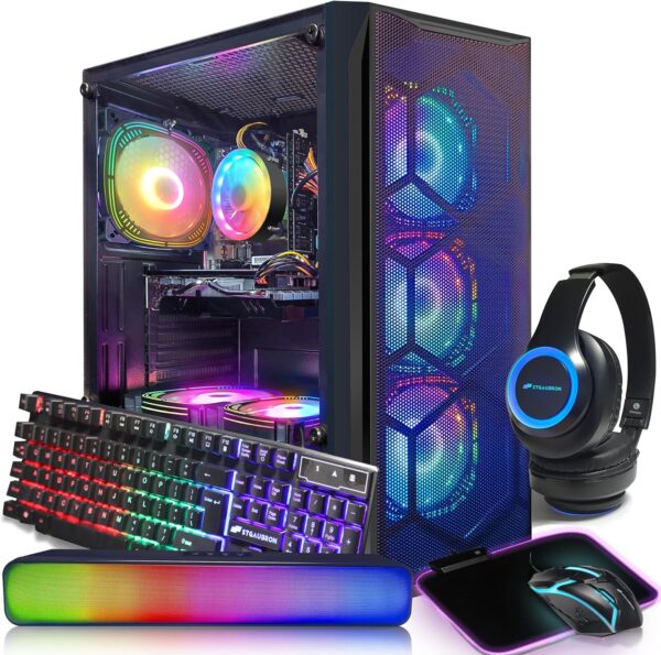 STGAubron Gaming Desktop, Radeon RX 580 8G GDDR5, Intel Core i7 3.4G up to 3.9G, 16G DDR3, 1T SSD, 600M WiFi, BT 5.0, RGB Fan x 6, RGB Mouse Pad, RGB BT Sound Bar, RGB BT Gaming Mic, Windows 10 Home